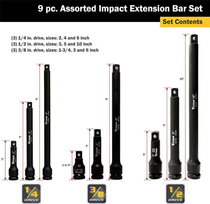 9-piece impact extension bar set in chrome-molybdenum with 1/4, 3/8, and 1/2 inch drives ranging 1.75 to 10 inches