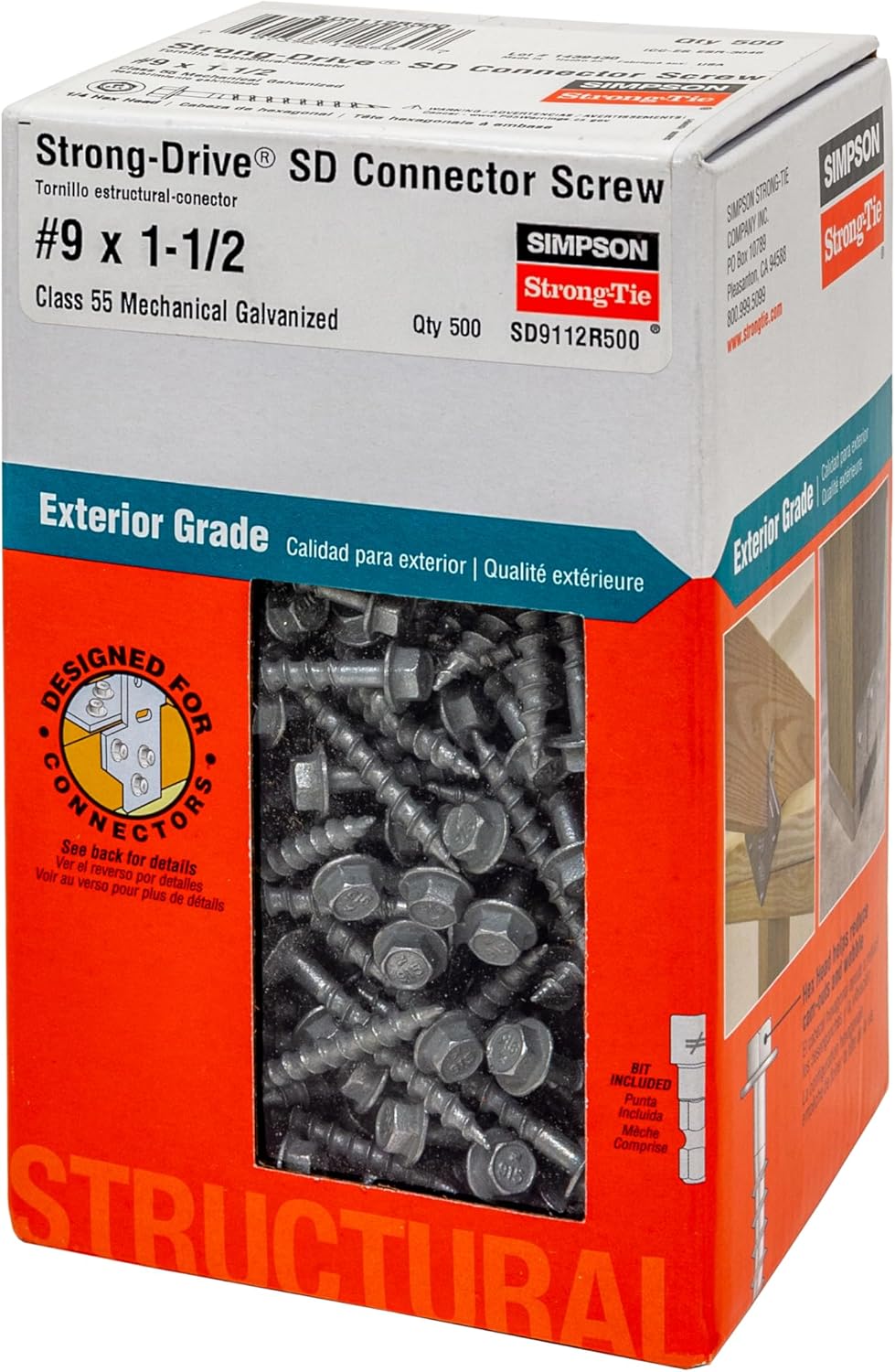 Box of 500 galvanized #9 x 1-1/2 inch Strong-Drive SD connector screws for exterior grade structural use
