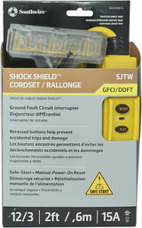 2ft 12/3 gauge Southwire extension cord with GFCI breaker, recessed reset and test buttons, and shock shield protection