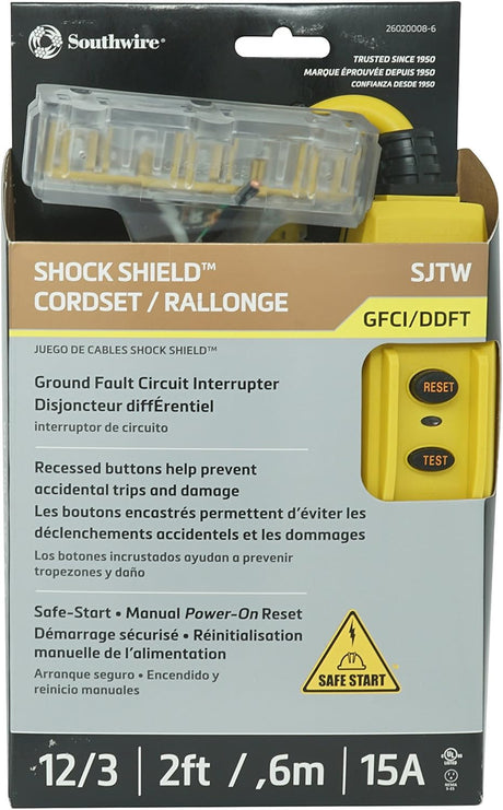 2ft 12/3 gauge Southwire extension cord with GFCI breaker, recessed reset and test buttons, and shock shield protection