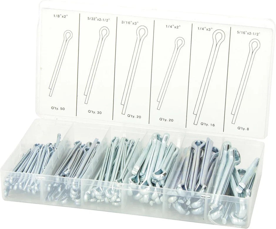 Assortment of 144 large cotter pins in various sizes, organized in clear plastic storage case with labeled compartments