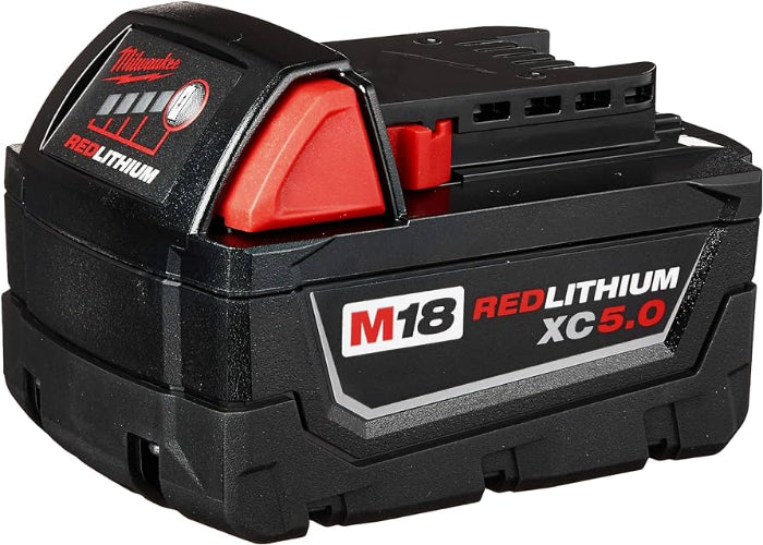 Milwaukee M18 REDLITHIUM XC 5.0 Ah rechargeable battery pack with compact durable design and battery charge indicator