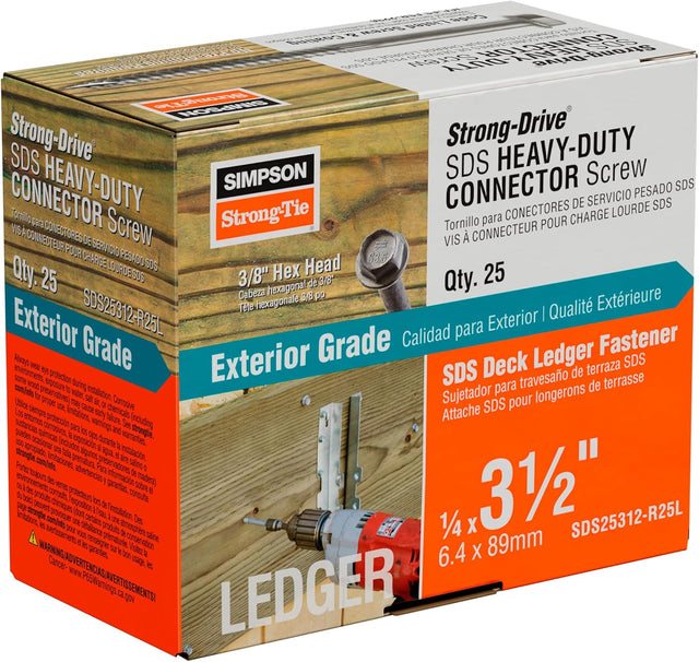 Box of 25 Strong-Tie SDS heavy-duty 1/4 x 3-1/2 inch exterior grade deck ledger connector screws