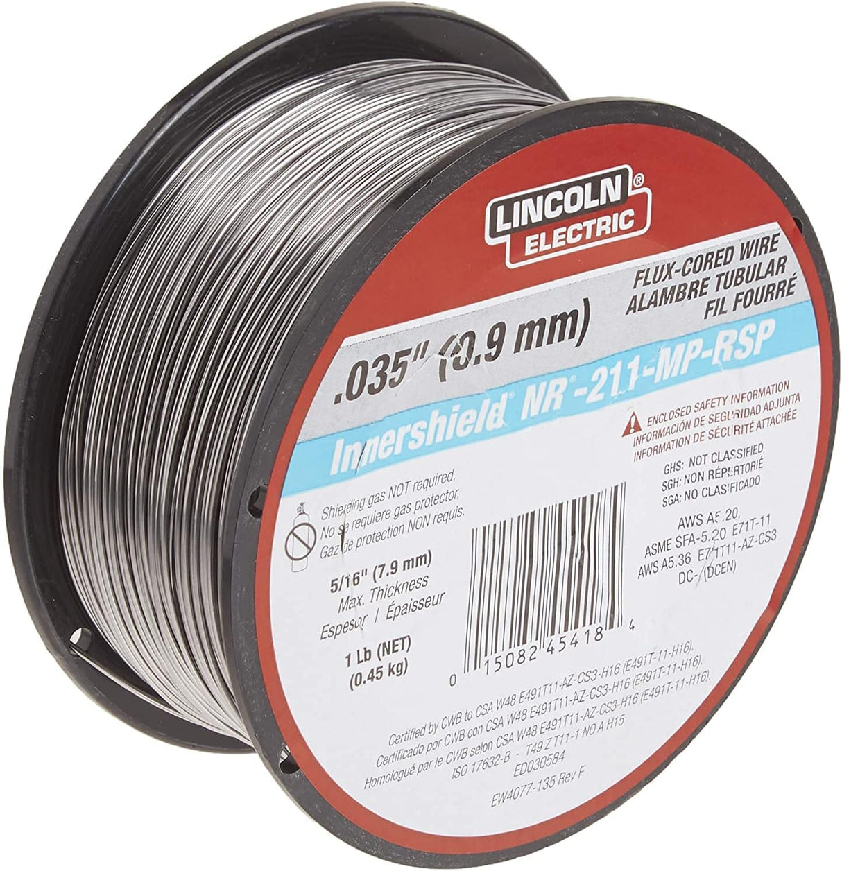 1lb spool of Lincoln Electric .035 inch flux-cored mild steel welding wire for MIG welders, all positions use