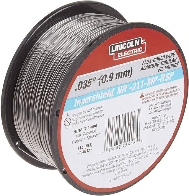 1lb spool of Lincoln Electric .035 inch flux-cored mild steel welding wire for MIG welders, all positions use