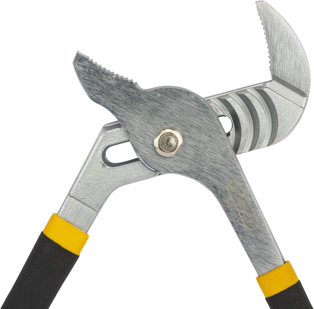 12-inch Stanley groove joint plier with long hardened jaws, forged steel construction, rust-resistant finish, and ergonomic handles