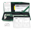 6-inch digital vernier caliper with 0.01mm resolution, LCD display, included inspection certificate, and CR2032 battery in green case