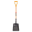 Industrial steel shovel with tempered blade, double rivet footrests, varnished hardwood 35-inch handle, and D-shaped steel grip