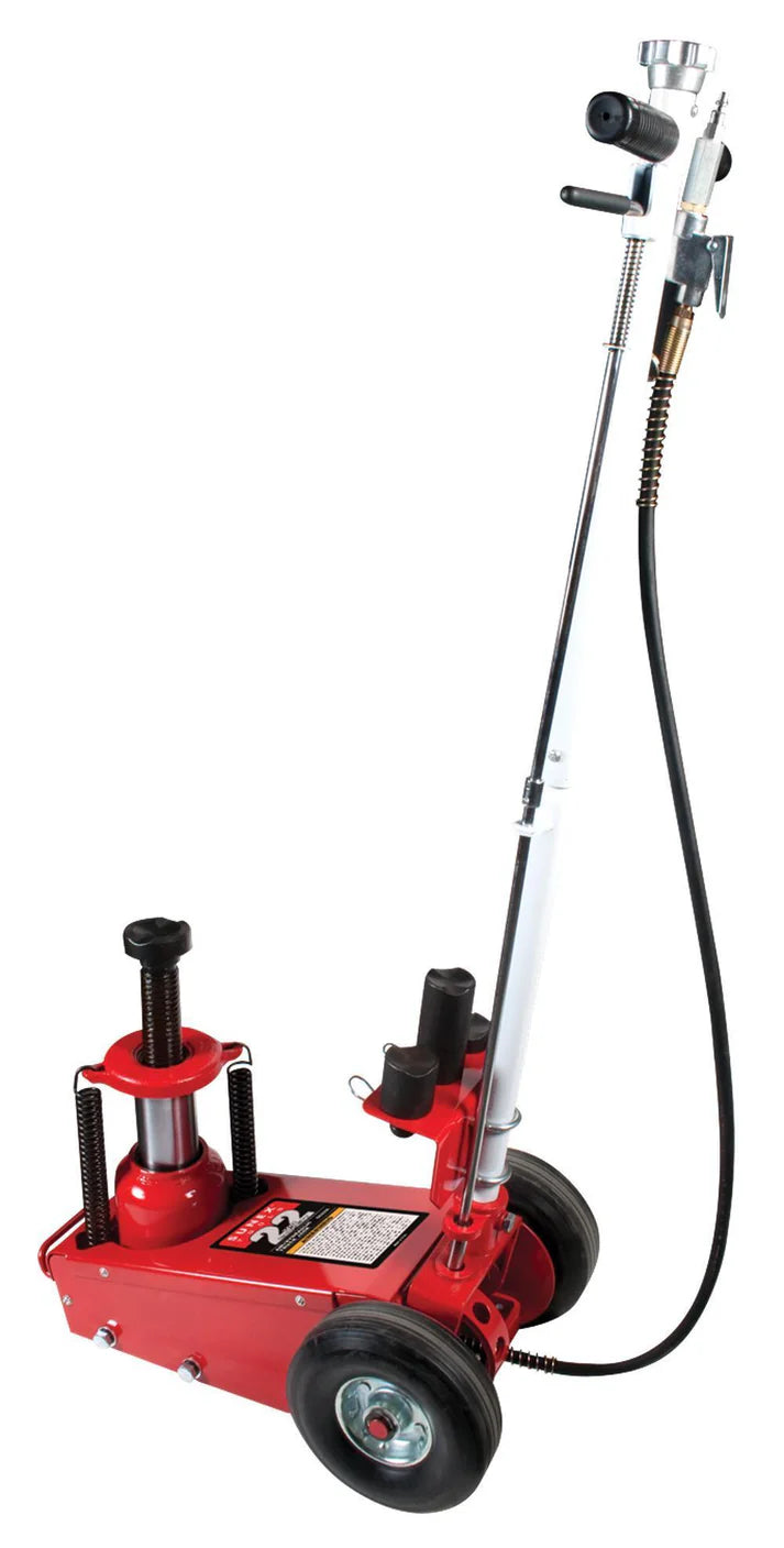 22-ton air and hydraulic jack with narrow chassis, safety valves, self-retracting cylinder, and large lifting height