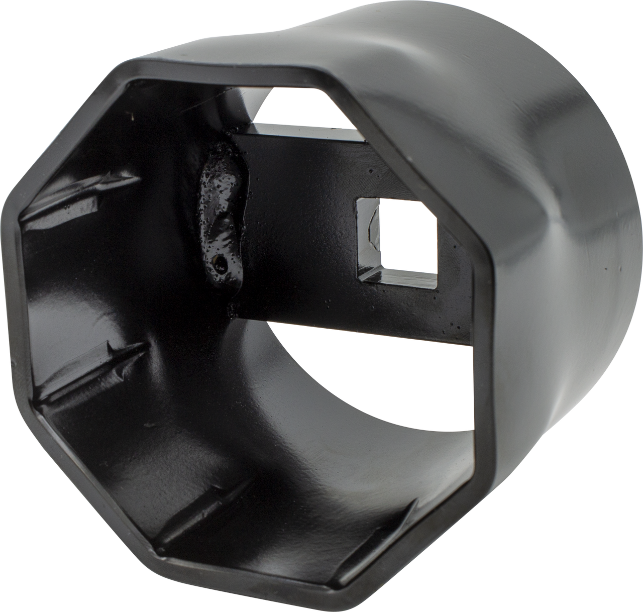 Black 3-3/4 inch octagonal locking nut socket with 3/4 inch square drive for truck wheel bearing locknuts maintenance