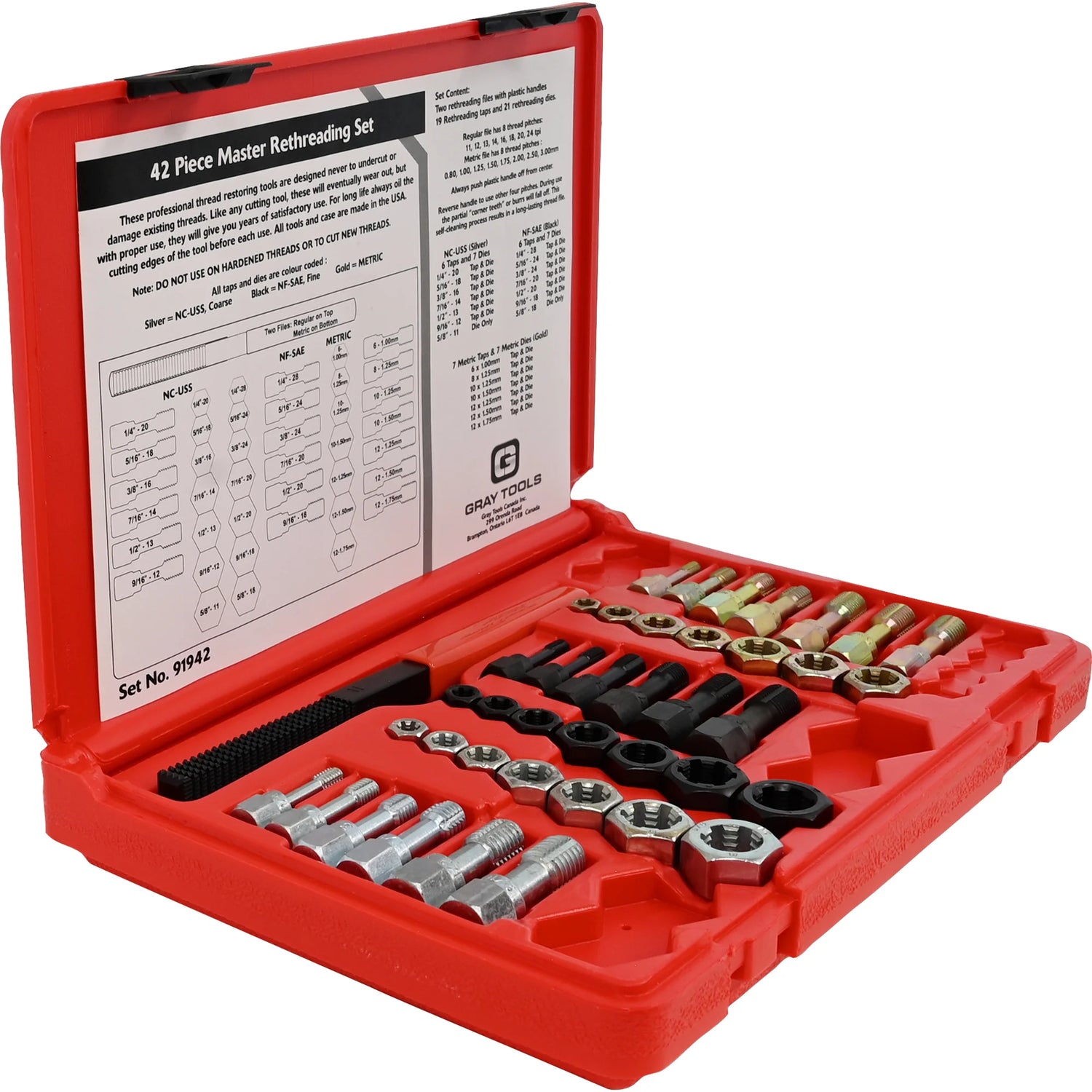 42-piece master rethreading kit with taps, dies in NC, NF, metric sizes, and two thread files in red plastic case