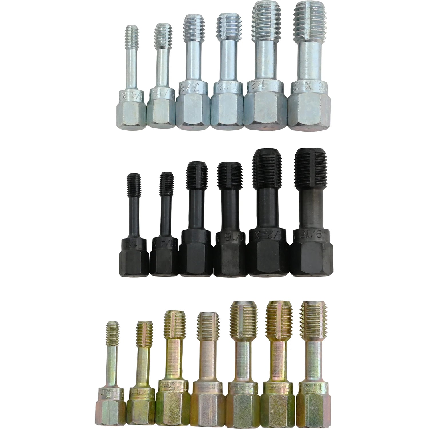 42-piece thread cutting kit with taps and dies in silver, black, and gold finishes for NC, NF, and metric sizes