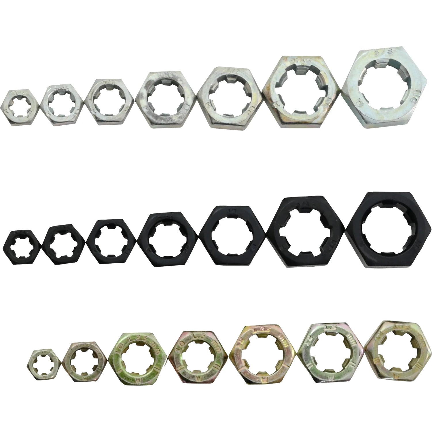 Set of three rows of hexagonal thread pitch gauges in various sizes with metal and black finishes for threading measurement