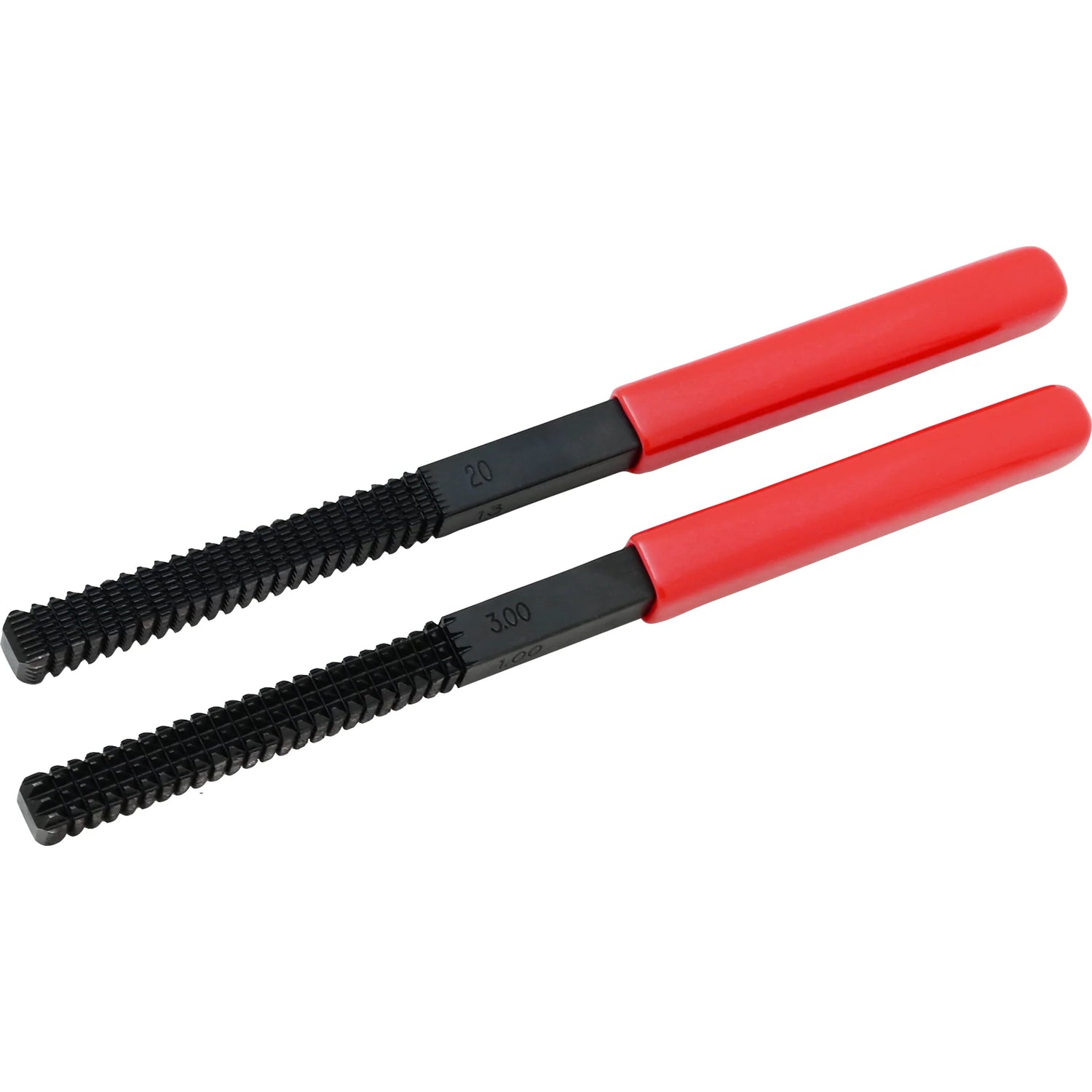 Pair of black thread files with red handles, designed for repairing and finishing external threads with different pitches