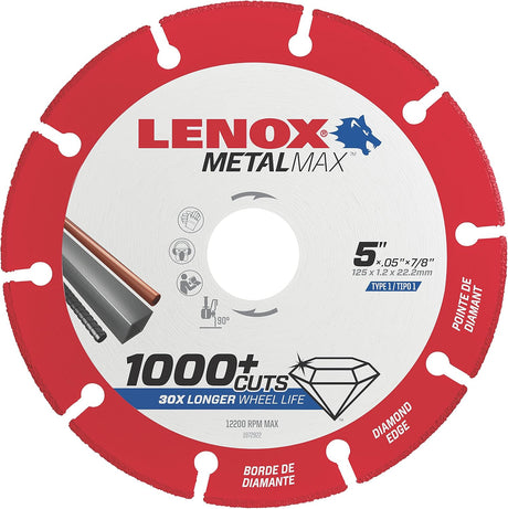 5-inch Lenox Metal Max diamond blade with extended wheel life for over 1000 cuts, suitable for metal cutting tasks