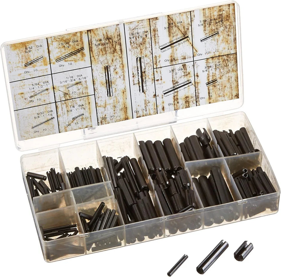 315-piece roll pin assortment in plastic case with various sizes of black cylindrical pins for mechanical fastening