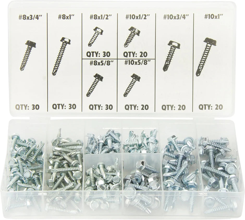 Assorted hex head screws set with 200 pieces in various sizes, organized in clear plastic storage case compartments