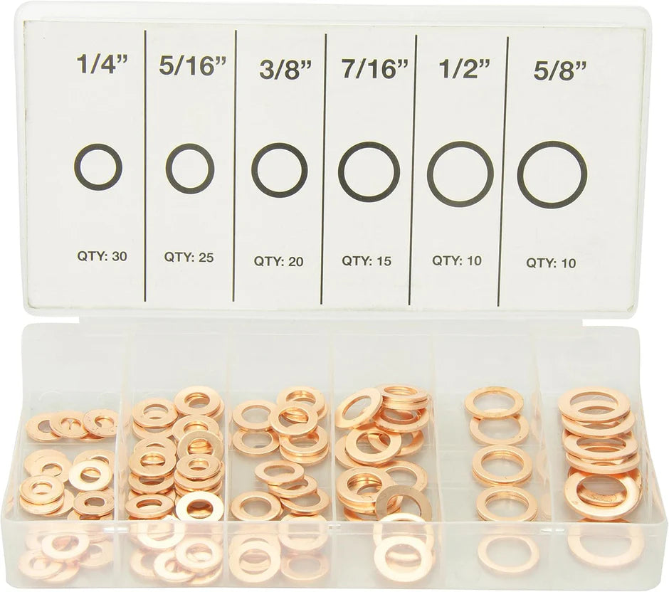 Assortment of 110 copper washers in clear plastic organizer with six sizes from 1/4 to 5/8 inch SAE standard