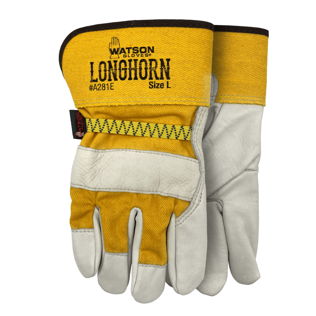Yellow and white full grain cowhide leather work gloves with elastic wrist and reinforced index and fingertips