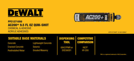 DeWalt AC200+ 9.5 oz acrylic adhesive cartridge for concrete anchoring with compatible dispensing tools and base materials listed