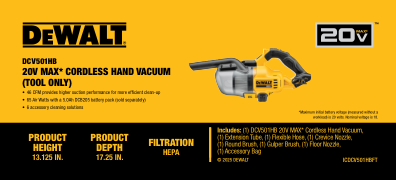DeWalt 20V cordless hand vacuum with HEPA filtration, six professional cleaning accessories, and compact design for cordless cleaning.