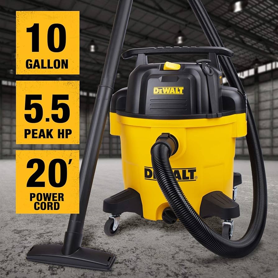 DeWalt 10-gallon workshop vacuum with 5.5 peak HP motor, 20-foot power cord, and flexible hose on rolling base