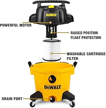 DeWalt 10-gallon shop vacuum with 5.5HP motor, washable cartridge filter, float protection, and drain port on yellow tank