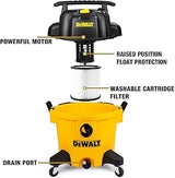 DeWalt 10-gallon shop vacuum with 5.5HP motor, washable cartridge filter, float protection, and drain port on yellow tank
