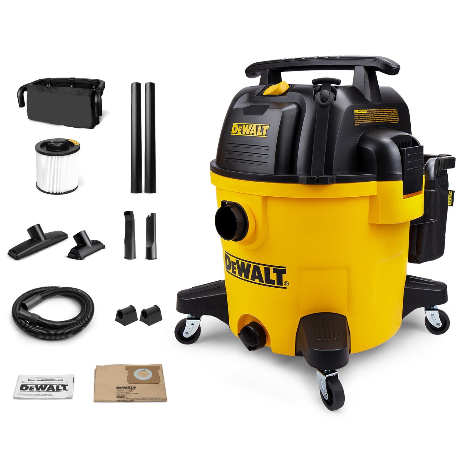 DeWalt 10-gallon 5.5HP wet and dry shop vacuum with hose, filter, utility nozzle, crevice tool, and extension wands.