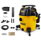 DeWalt 10-gallon 5.5HP wet and dry shop vacuum with hose, filter, utility nozzle, crevice tool, and extension wands.