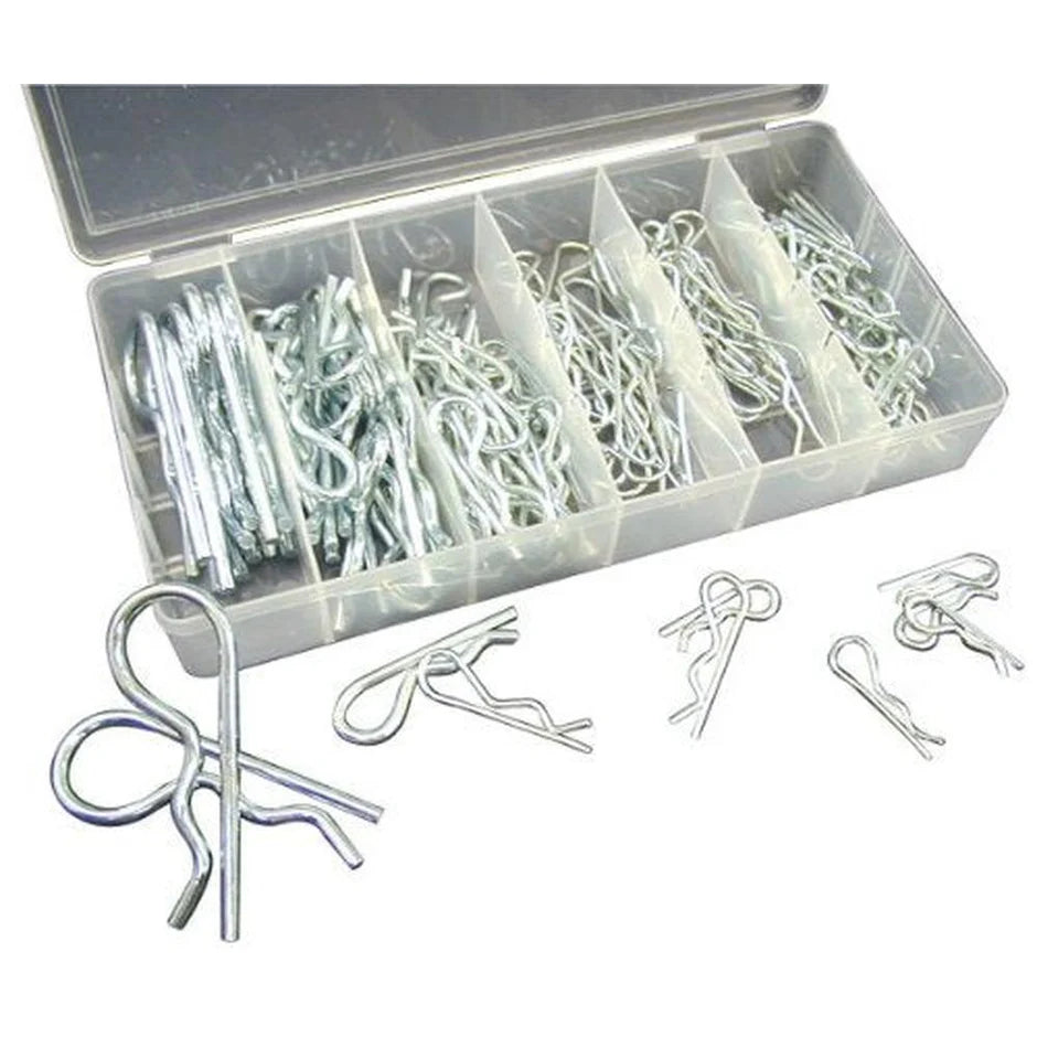 Assorted 150-piece hairpin cotter pin set in transparent plastic organizer with multiple size compartments