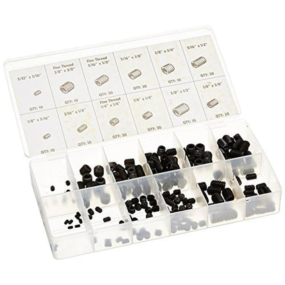 Assortment of 200 black socket set screws in plastic organizer case with labeled compartments for various sizes and thread types