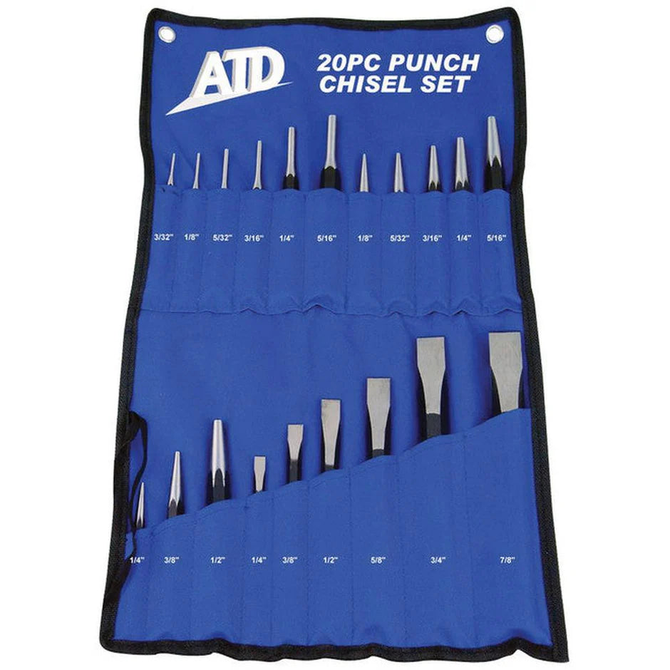 20-piece punch and chisel set in blue fabric roll-up case, chrome vanadium steel construction, various sizes included