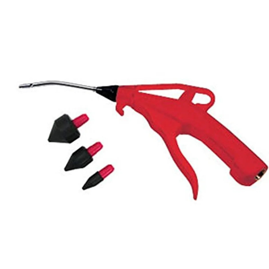 Red air blow gun with pistol grip and three rubber nozzle tips for precise compressed air cleaning tasks