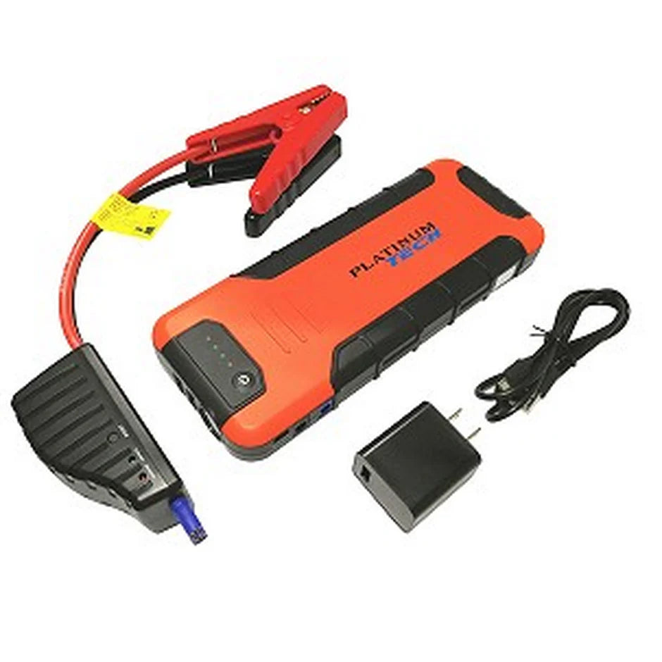 Portable 12V jump starter kit with lithium battery, jumper cables, charger, and USB charging cable in orange and black design