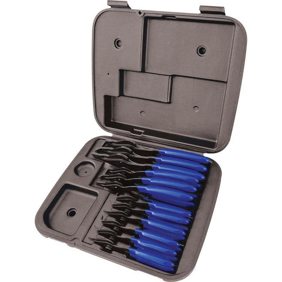 12-piece internal and external snap ring pliers set with blue handles in black plastic carrying case