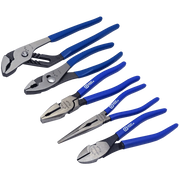 Set of 5 GRAY pliers with blue handles including adjustable, diagonal cutting, needle-nose, combination, and slip joint types