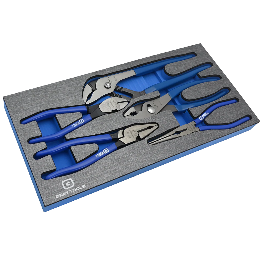 Set of 5 Blue-handled GRAY B5PLS pliers including line, needle nose, diagonal cutter, adjustable, and slip joint types in foam tray