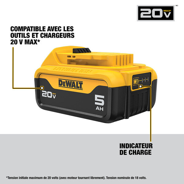DeWalt 20V MAX 5Ah rechargeable battery with charge indicator, compatible with 20V MAX tools and chargers