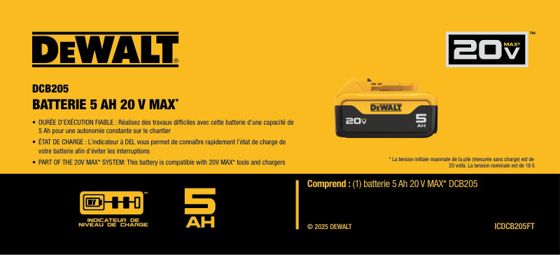 Set of four DeWalt 20V MAX 5Ah DCB205 lithium-ion batteries for professional cordless power tools use