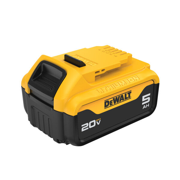 DeWalt 20V MAX 5Ah lithium-ion battery pack with yellow and black durable casing for professional power tools