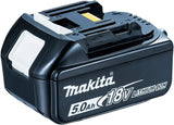 Black Makita 18V lithium-ion battery with 5.0Ah capacity and LED charge level indicator for extended use