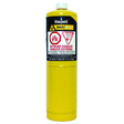 Yellow Bernzomatic MAP/Pro propane bottle with safety warning labels and plastic cap, 14.1 oz capacity