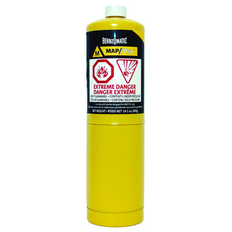 Yellow Bernzomatic MAP/Pro propane bottle with safety warning labels and plastic cap, 14.1 oz capacity