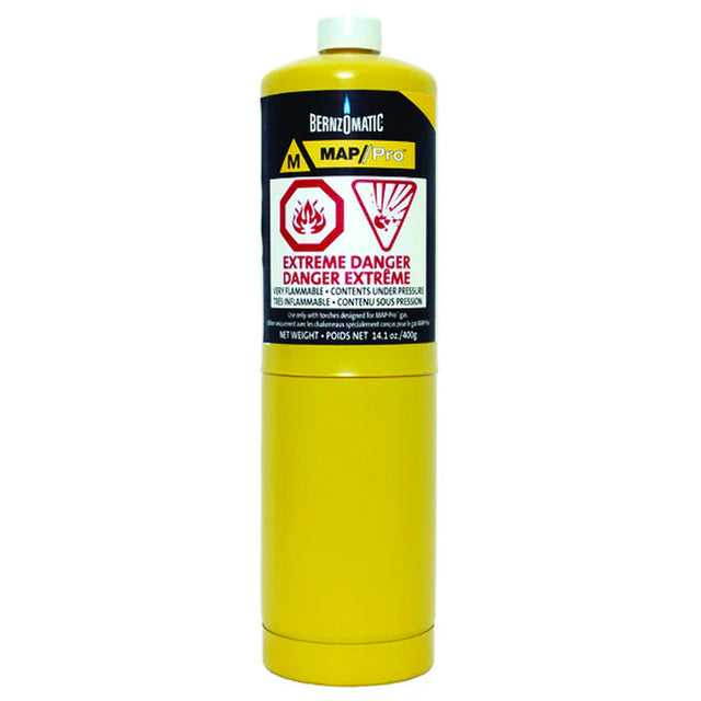 Yellow Bernzomatic MAP/Pro propane bottle with safety warning labels and plastic cap, 14.1 oz capacity