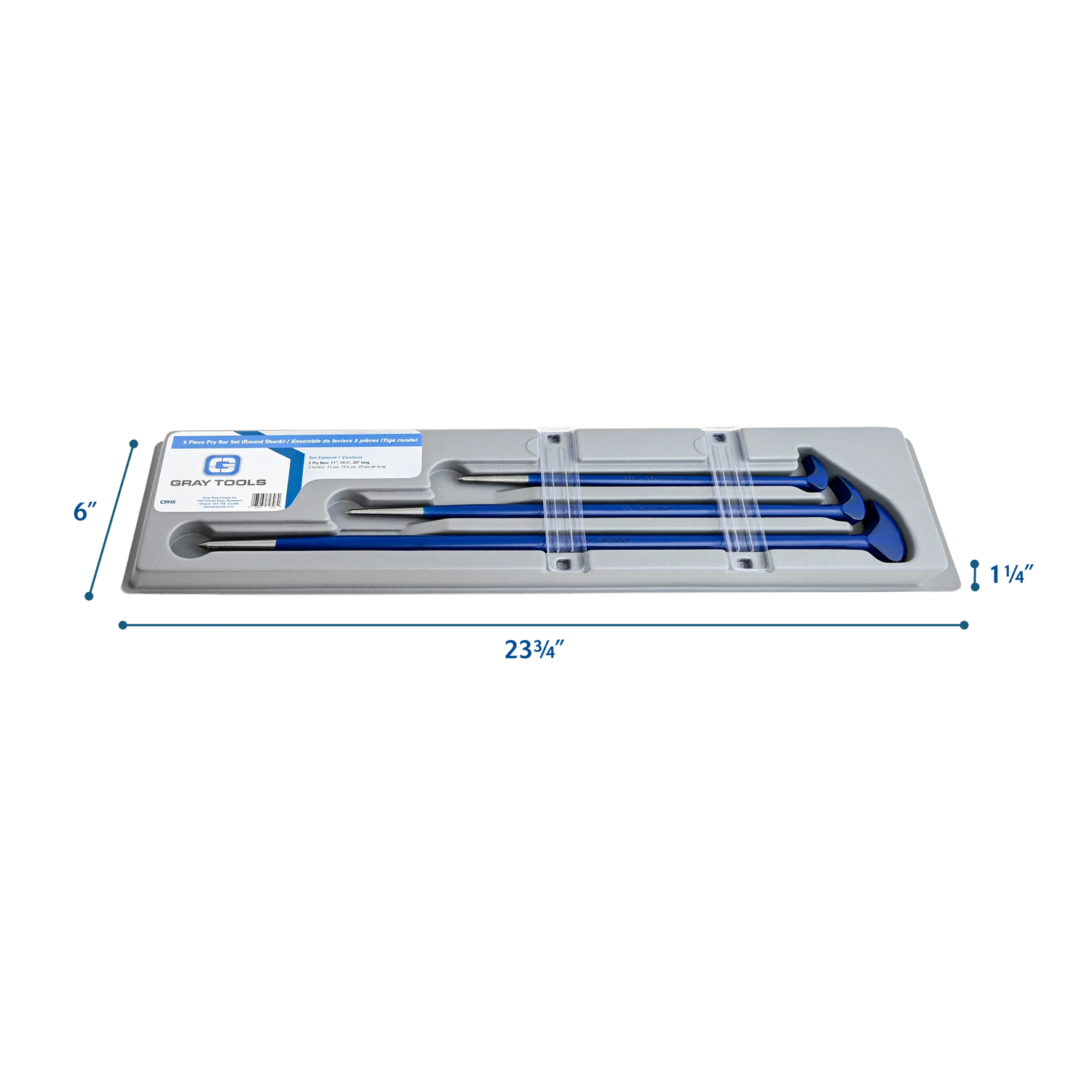 Set of three blue royal finish pry bars in 11", 15-1/4", and 20" lengths with alloy steel and lifetime warranty