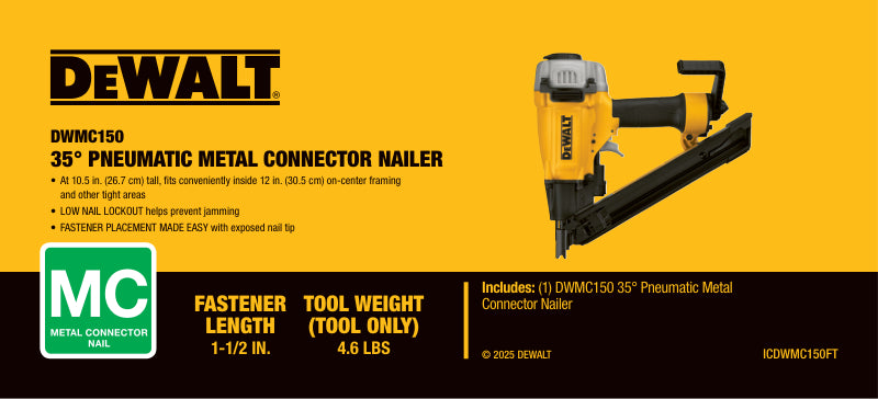 DEWALT DWMC150 35-degree pneumatic metal connector nailer with 1-1/2 inch fasteners and 4.6 lbs tool weight