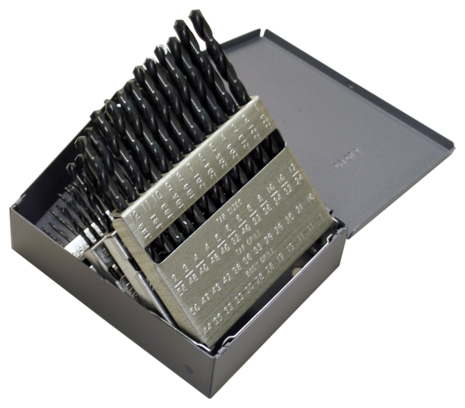 60-piece high-speed steel drill bit set sizes 1 to 60 in metal case with ASME standard for general use