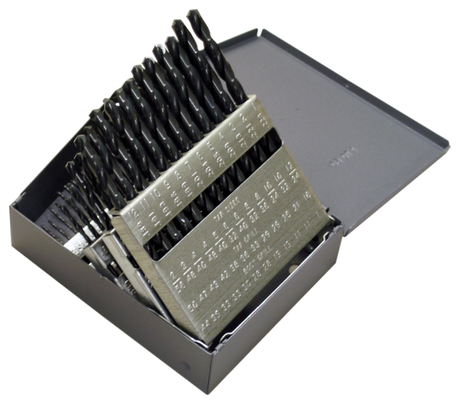 60-piece high-speed steel drill bit set sizes 1 to 60 in metal case with ASME standard for general use