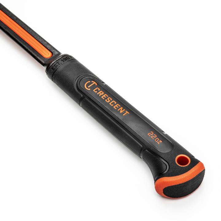 28 oz Crescent hammer handle with black ergonomic grip, orange accents, and durable textured finish for secure hold
